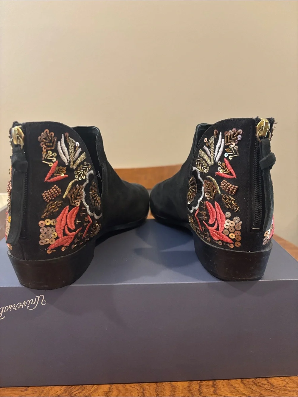 Reaction Kenneth Cole Black Suede Ankle Booties with Embroidered Floral Heel